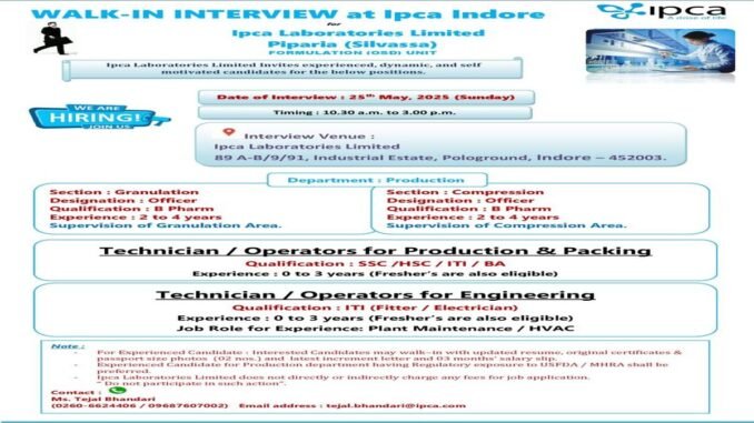 IPCA Laboratories Officer Walk In Drive 2025 Notification